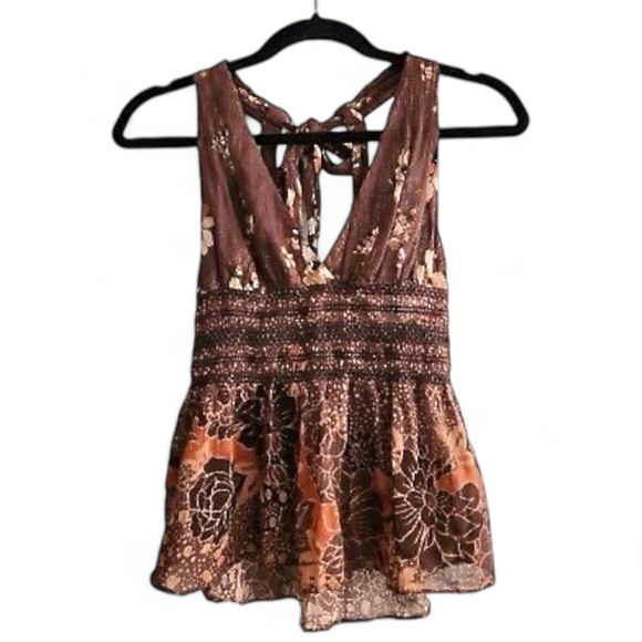 Free People Brinkley Smocked Floal Tie-Back Tank Top - Cocoa Combo - Small - Picture 6 of 8